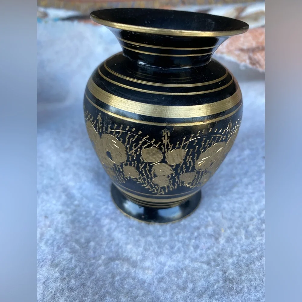 Vintage Solid Brass Vase India Hand-Crafted Decorative Floral Engraved Motif 6”